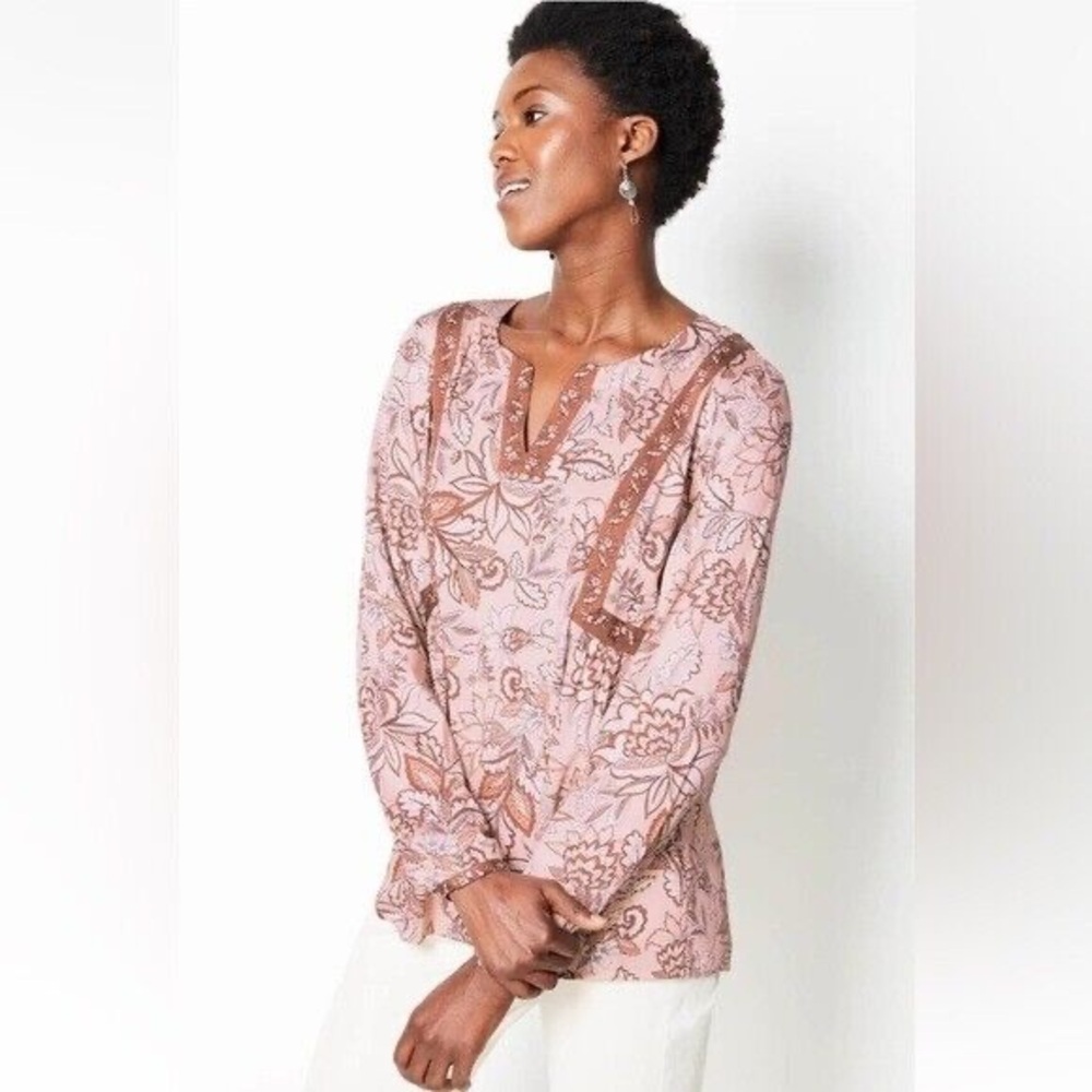 J Jill Floral Long Sleeve V-Neck Boho Peasant Contrast Light Pink Blouse Top M